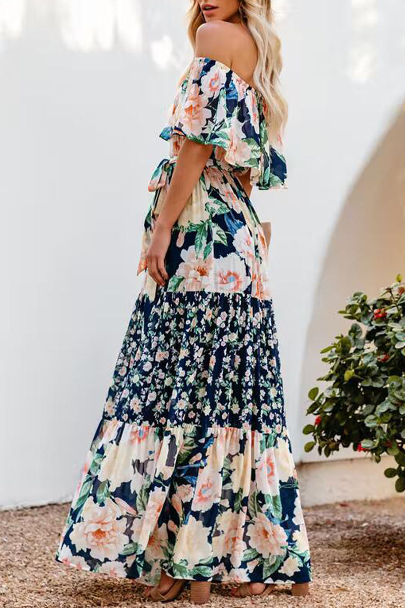 Kaynafashions - Elegant Floral Patchwork Flounce Off the Shoulder Cake Skirt Dresses