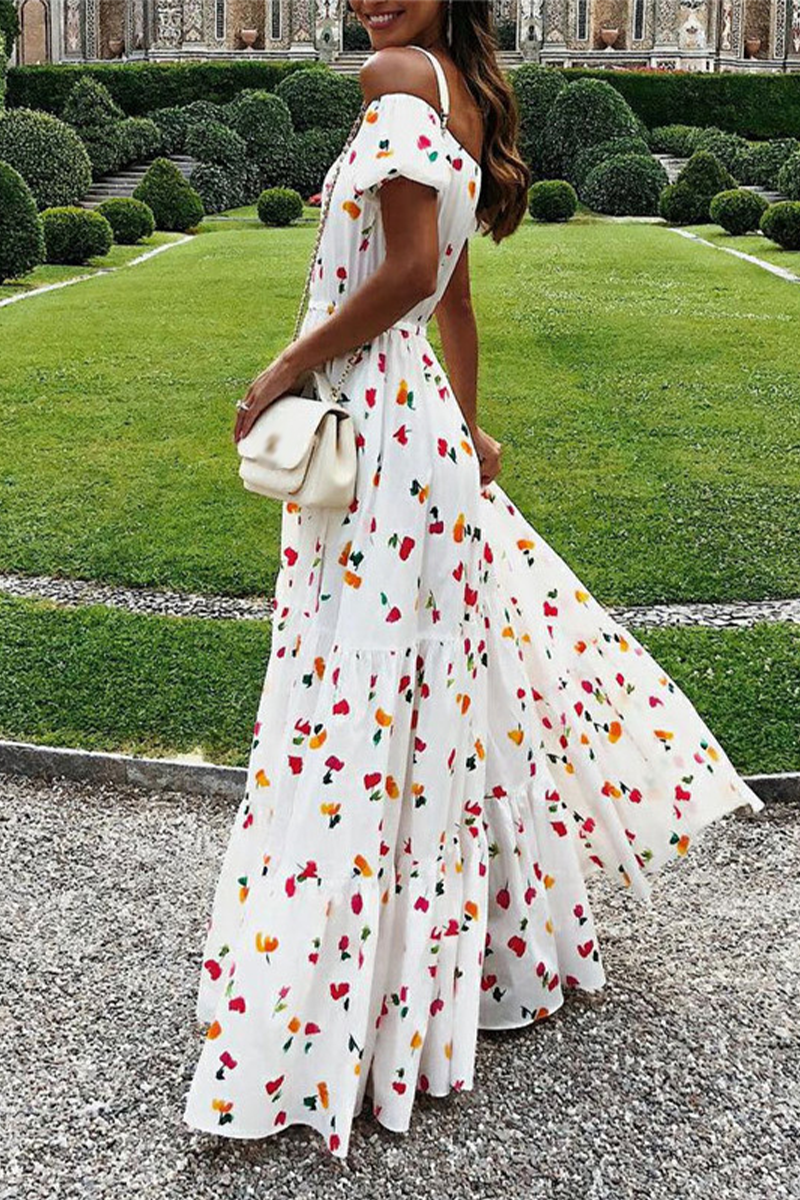 Kaynafashions - Casual Print Patchwork Off the Shoulder Waist Skirt Dresses