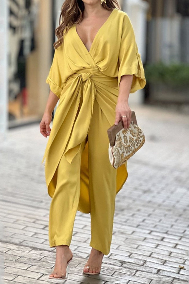Kaynafashions - Casual Solid Frenulum V Neck Regular Jumpsuits(3 Colors)