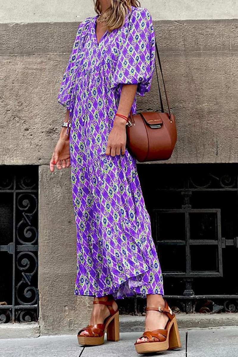 Kaynafashions - Casual Print Patchwork V Neck Straight Dresses(3 colors)