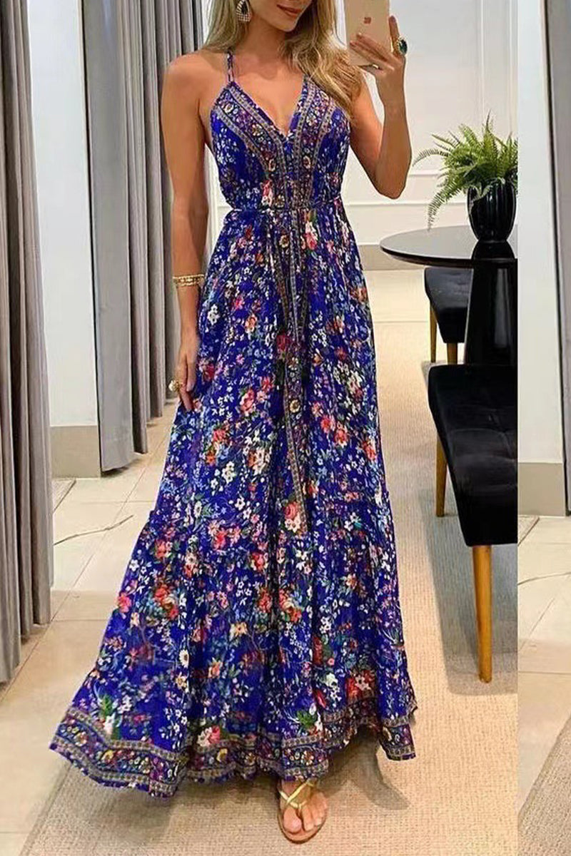 Kaynafashions - Bohemian College National Totem Patchwork V Neck Printed Dress Dresses(7 Colors)