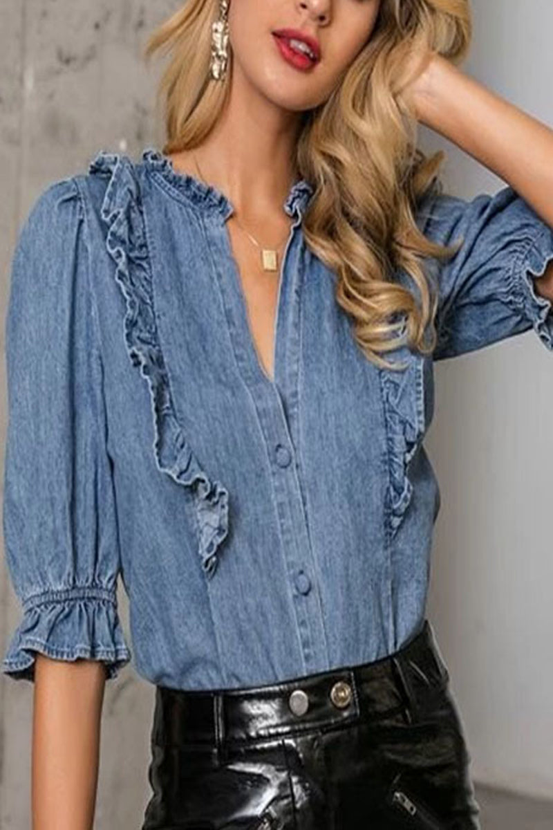 Kaynafashions - Work Solid Buckle Flounce V Neck Tops