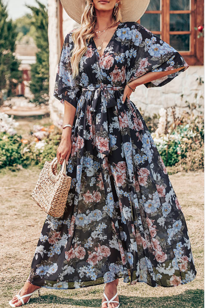 Kaynafashions - Casual Print Patchwork V Neck Waist Skirt Dresses(7 Colors)