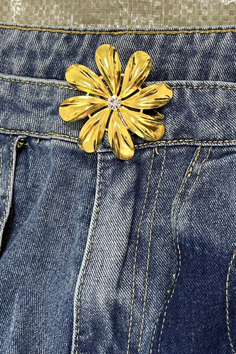 Kaynafashions - Street Solid Hollowed Out High Waist Straight Denim Jeans