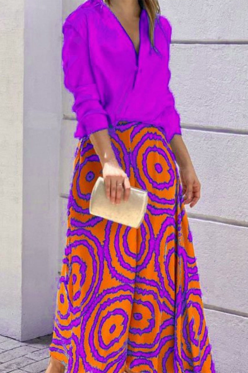 Kaynafashions - Elegant Print Printing V Neck Long Sleeve Two Pieces