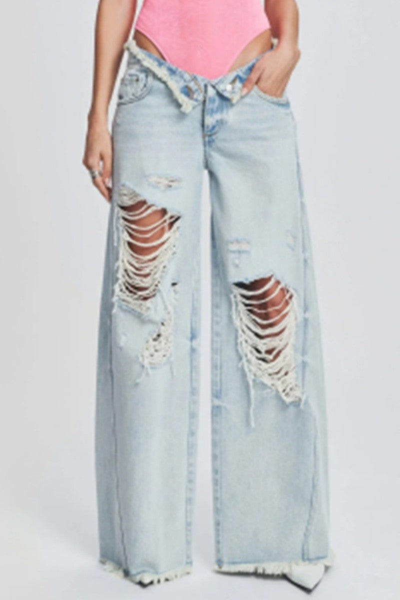 Kaynafashions - Casual Solid Ripped Patchwork Mid Waist Regular Denim Jeans (Subject To The Actual Object)