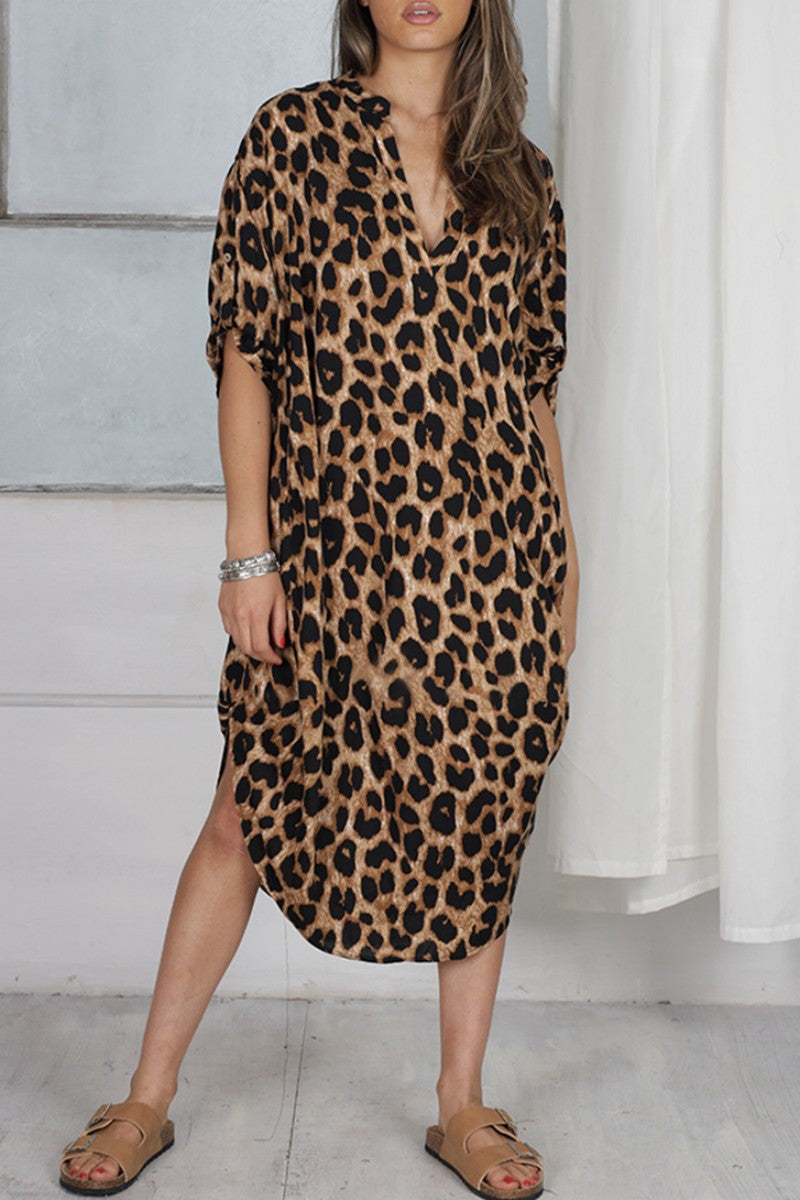 Kaynafashions - Casual Print Leopard Patchwork V Neck Printed Dress Dresses