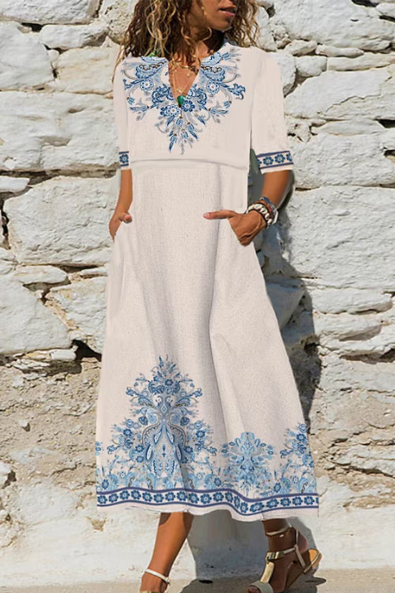 Kaynafashions - Casual Print Pocket V Neck A Line Dresses