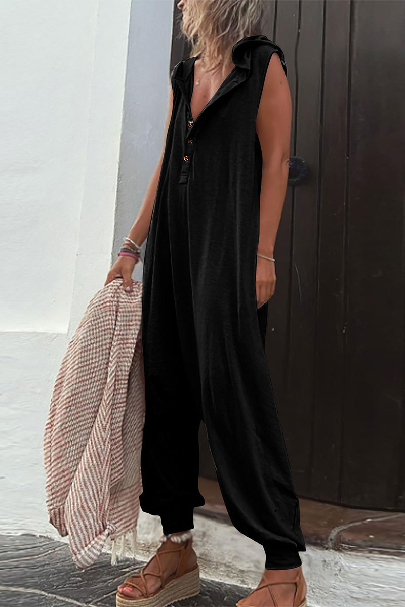 Kaynafashions - Casual Solid Buckle Hooded Collar Loose Jumpsuits(10 Colors)