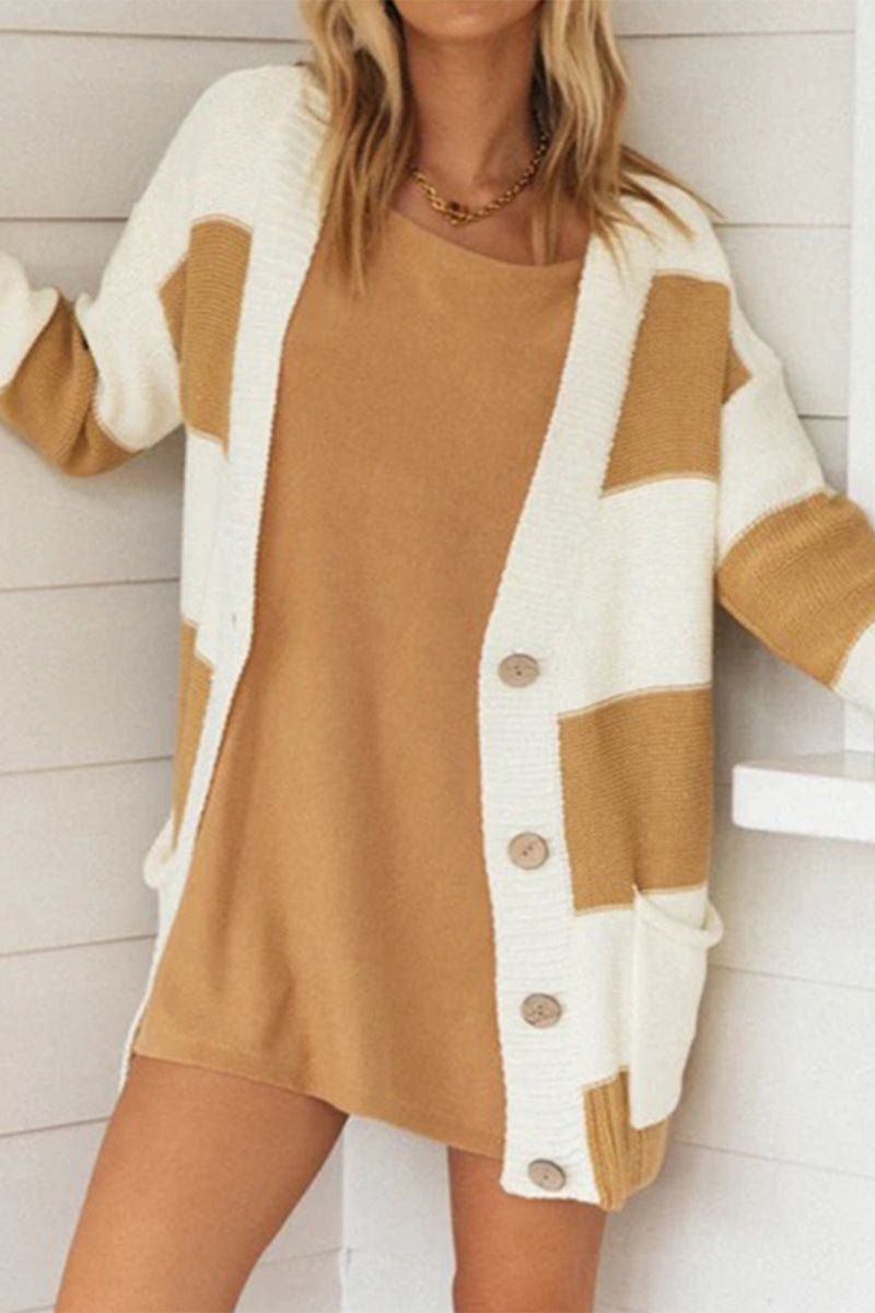 Kaynafashions - Casual Striped Patchwork Contrast Cardigan Collar Tops(3 Colors)