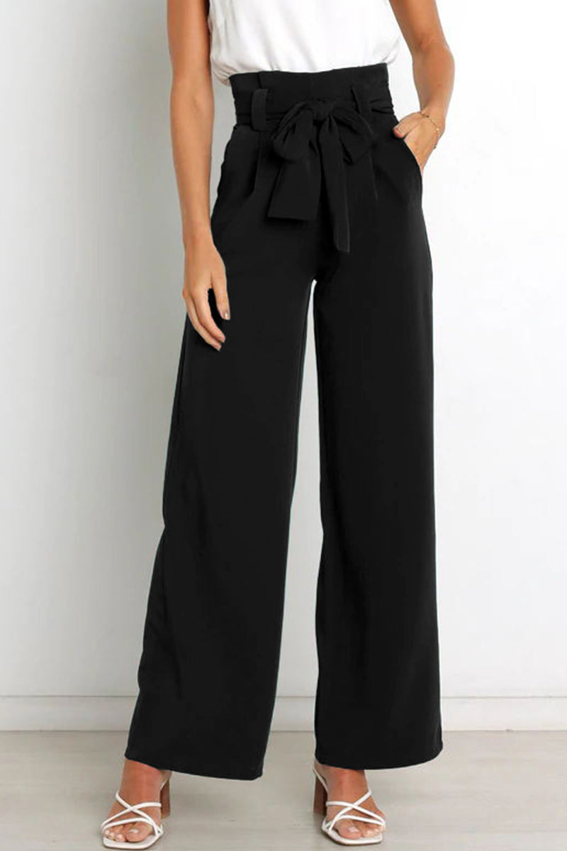 Kaynafashions - Work Simplicity Solid With Belt Loose High Waist Straight Solid Color Bottoms(11 Colors)