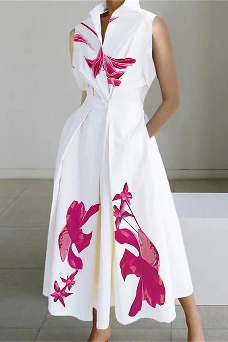 Kaynafashions - Elegant Floral Pocket Mandarin Collar A Line Dresses