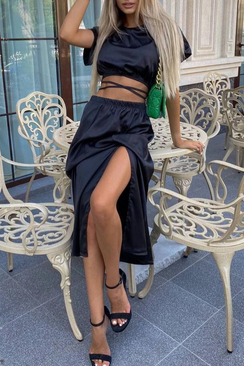 Kaynafashions - Sexy Solid Frenulum Slit O Neck Short Sleeve Two Pieces