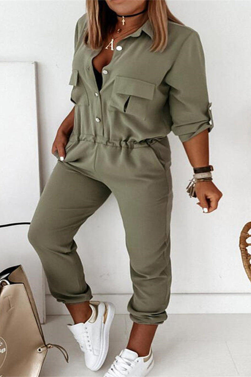Kaynafashions - Casual Solid Frenulum Turndown Collar Regular Jumpsuits