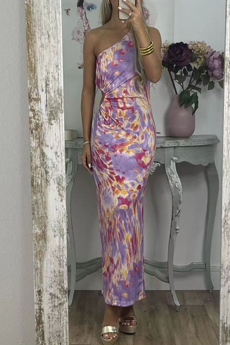 Kaynafashions - Sexy Print Patchwork Oblique Collar One Step Skirt Dresses