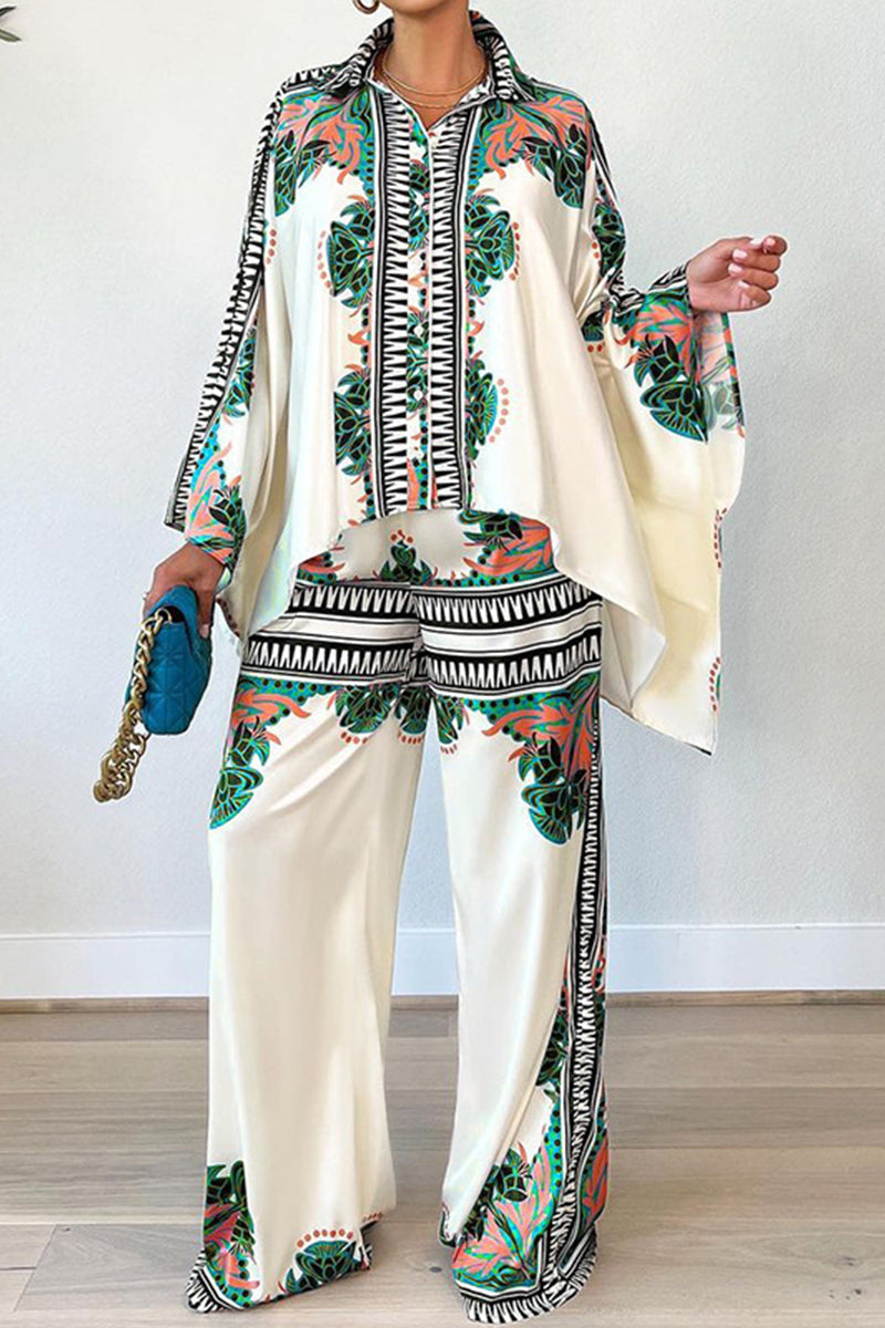 Kaynafashions - Elegant Print Patchwork Buckle Turndown Collar Long Sleeve Two Pieces