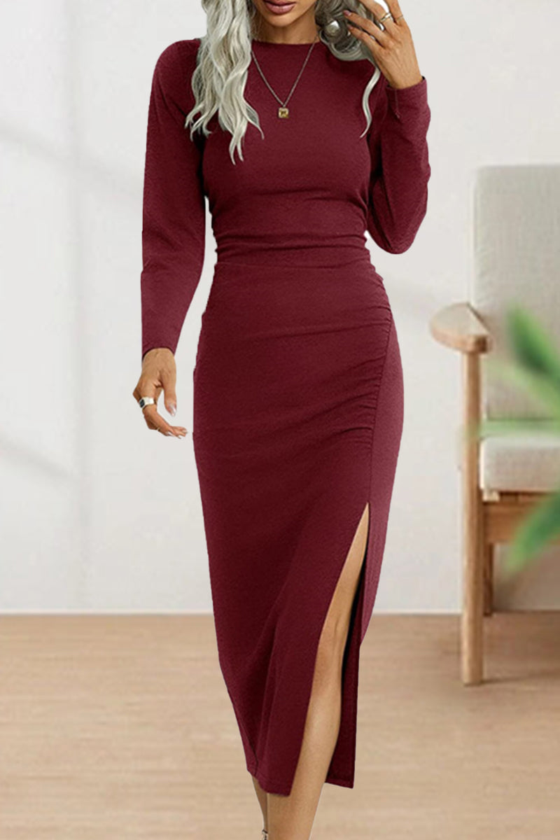 Kaynafashions - Sweet Elegant Solid Fold O Neck Sheath Dresses(6 Colors)