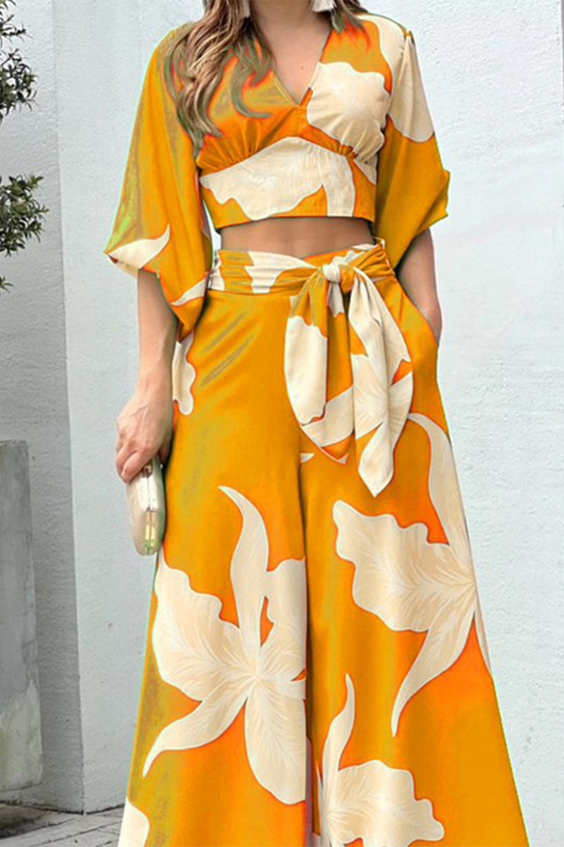 Kaynafashions - Elegant Print Frenulum V Neck Half Sleeve Two Pieces(10 Colors)