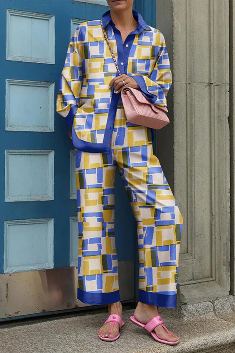 Kaynafashions - Casual Street Print Patchwork Turndown Collar Long Sleeve Two Pieces