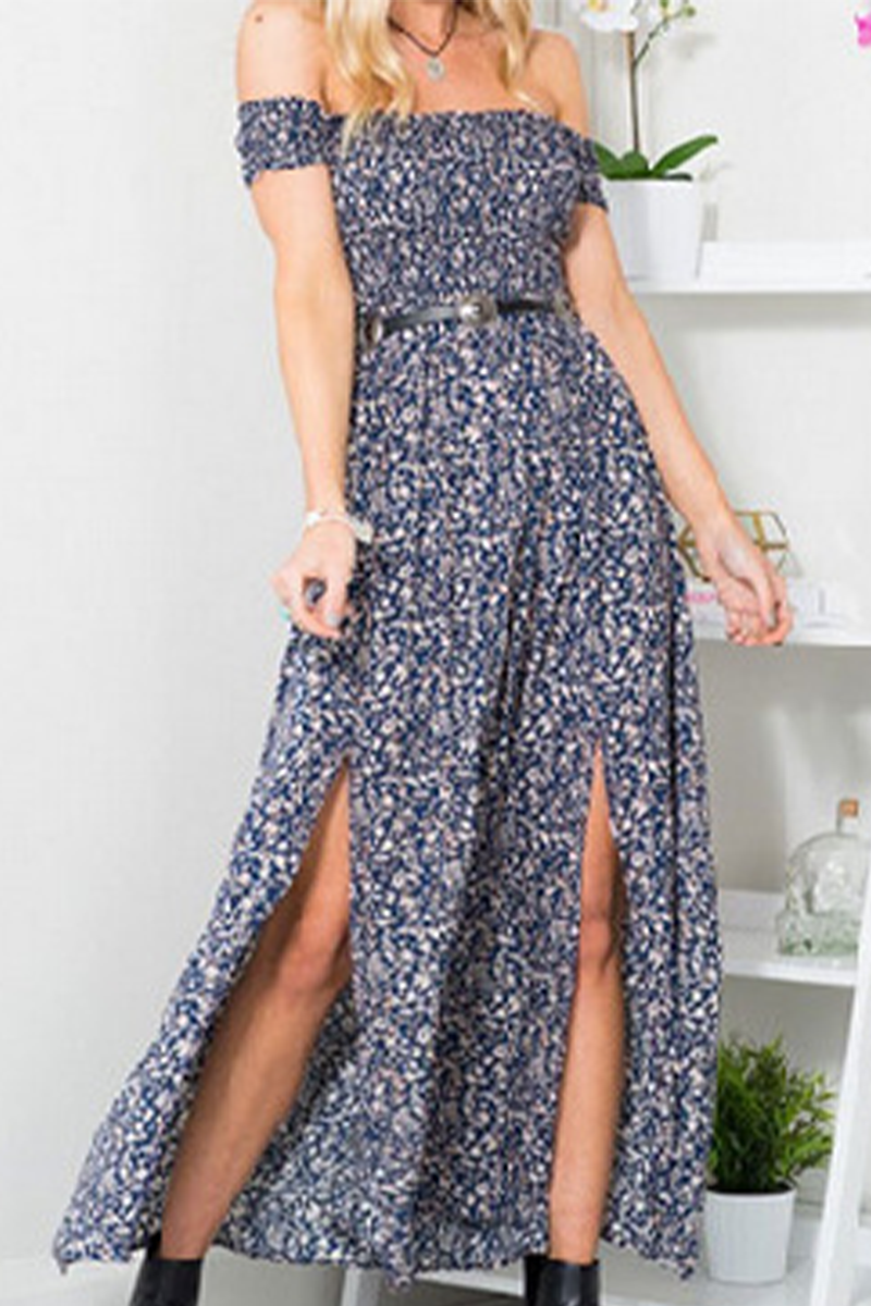 Kaynafashions - Fashion Print Slit Off the Shoulder Cake Skirt Dresses(3 colors)