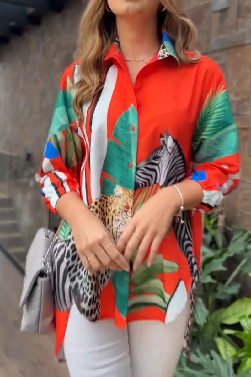 Kaynafashions - Print Patchwork Turndown Collar Tops