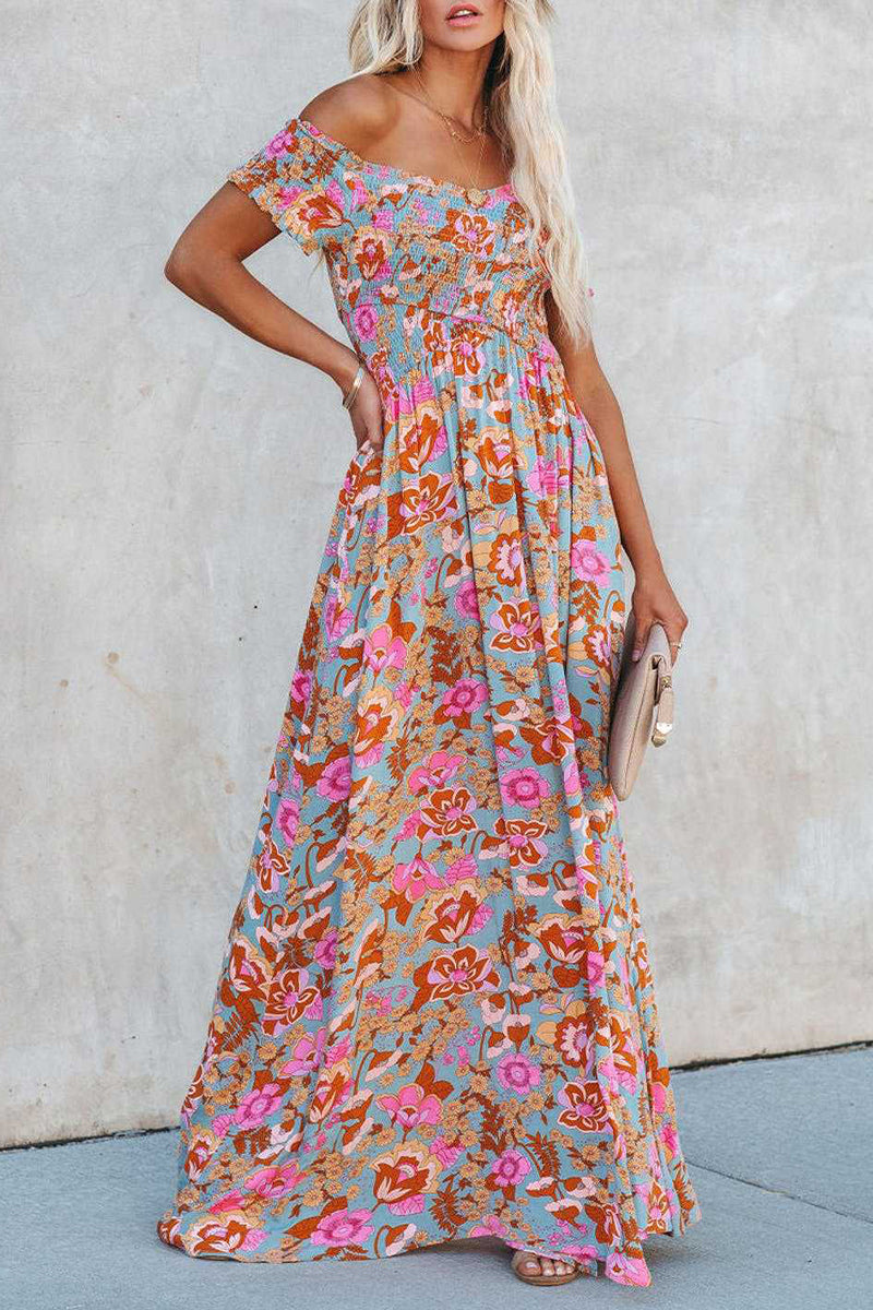 Kaynafashions - Elegant Vacation Floral Patchwork Off the Shoulder Printed Dress Dresses