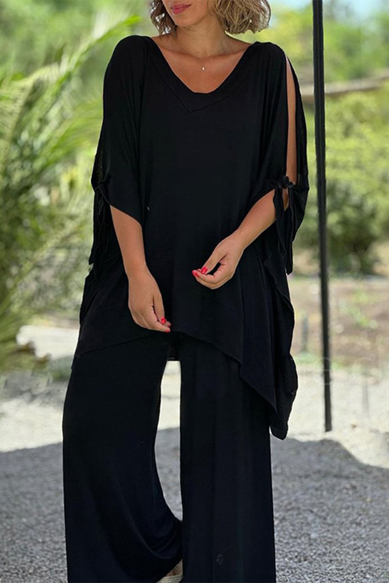 Kaynafashions - Casual Simplicity Solid Frenulum V Neck Half Sleeve Two Pieces