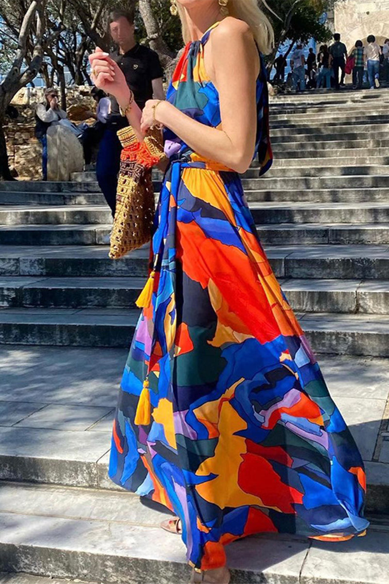 Kaynafashions - Bohemian Elegant Geometric Print Frenulum Halter Sleeveless Dress Dresses