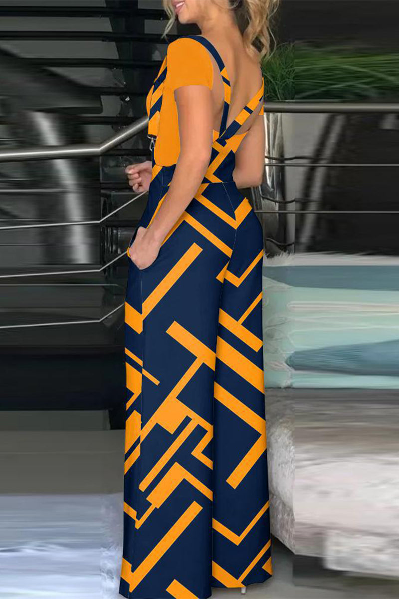 Kaynafashions - Casual Geometric Print Patchwork Loose Jumpsuits