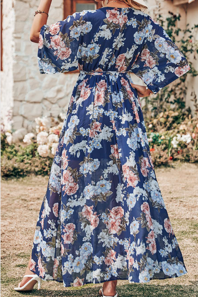 Kaynafashions - Casual Print Patchwork V Neck Waist Skirt Dresses(7 Colors)