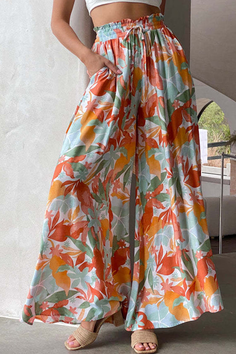 Kaynafashions - Casual Print Pocket Loose High Waist Wide Leg Full Print Bottoms