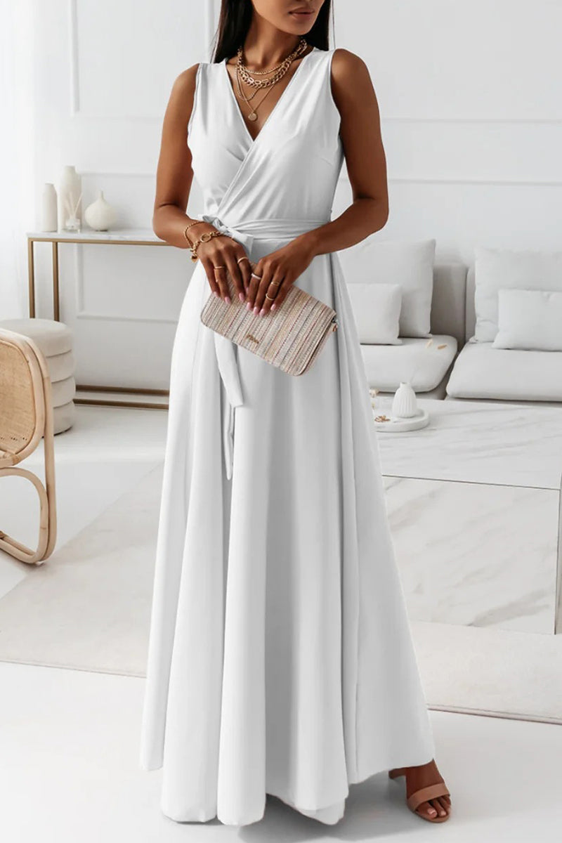 Kaynafashions - Celebrities Elegant Solid With Belt V Neck Evening Dress Dresses