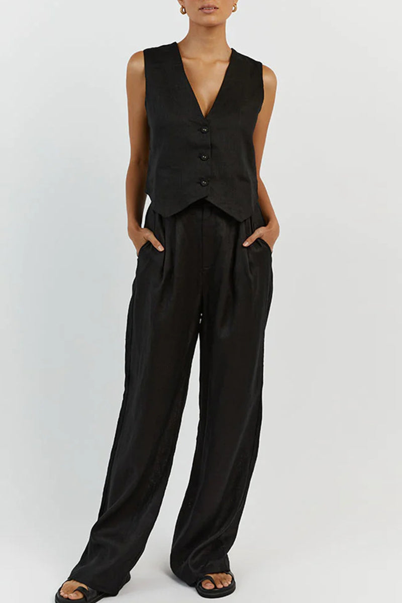 Kaynafashions - Casual Simplicity Solid Buckle V Neck Sleeveless Two Pieces