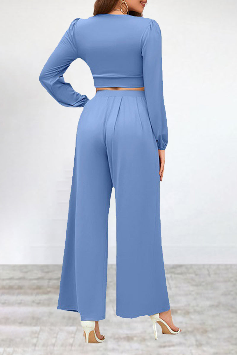 Kaynafashions - Casual Simplicity Solid Fold V Neck Long Sleeve Two Pieces