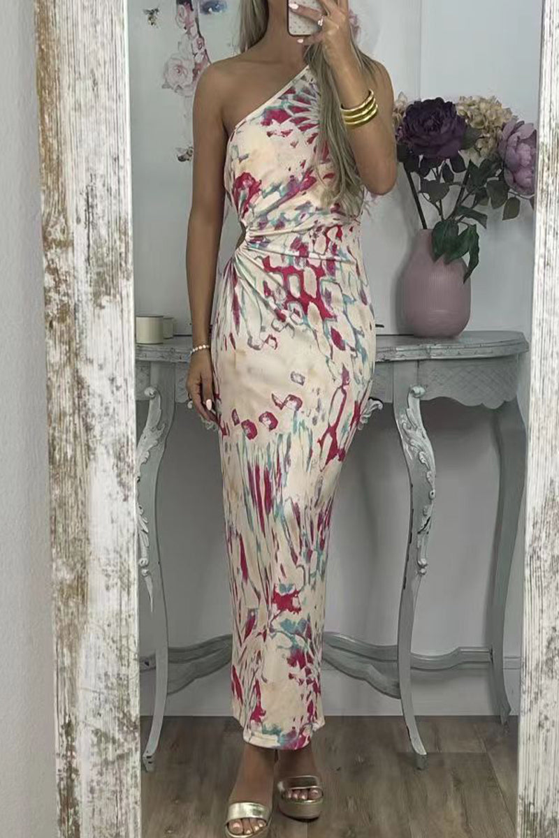 Kaynafashions - Sexy Print Patchwork Oblique Collar One Step Skirt Dresses