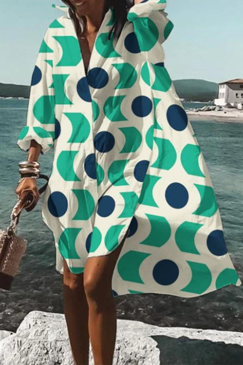 Kaynafashions - Casual Print Contrast Turndown Collar Shirt Dress Dresses(9 Colors)