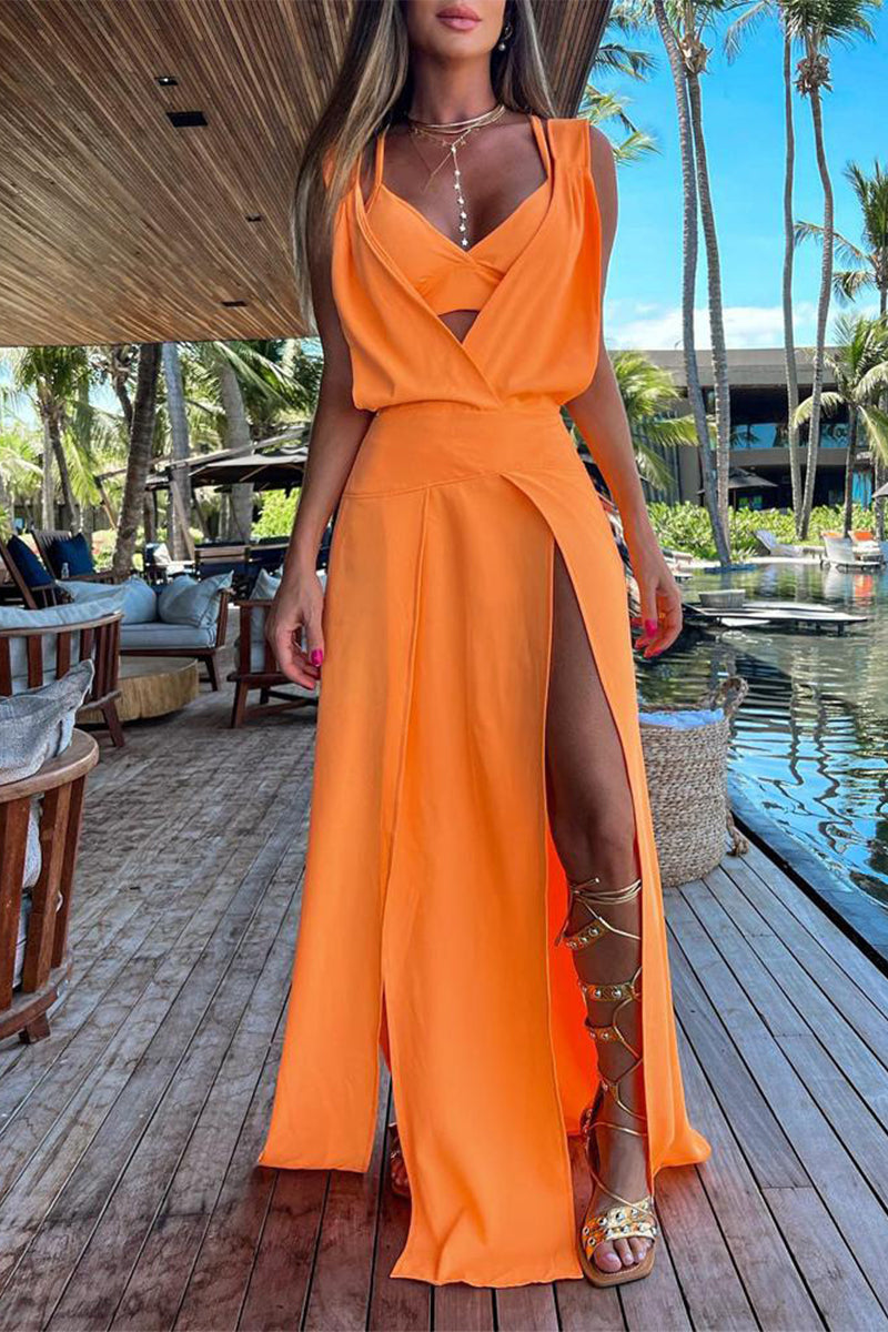 Kaynafashions - Casual Vacation Print Patchwork Frenulum V Neck Sleeveless Two Pieces(6 Colors)