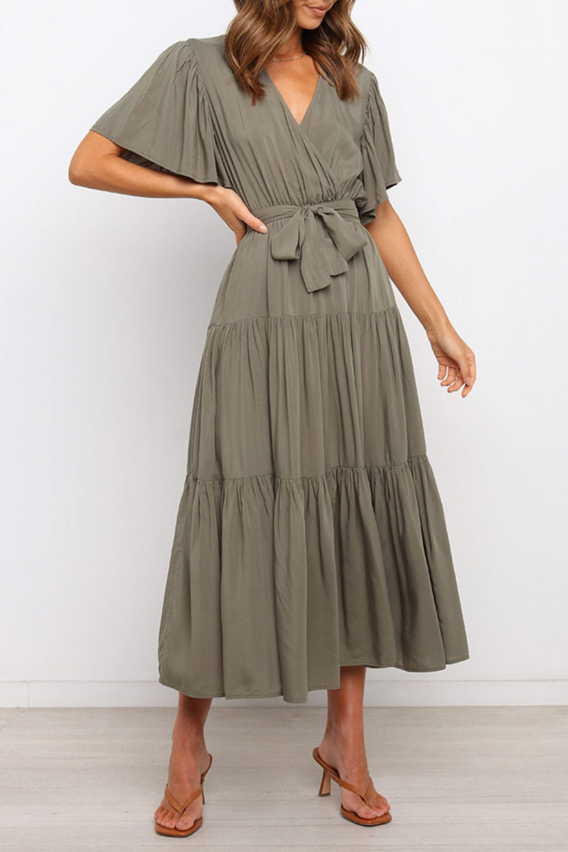 Kaynafashions - Casual Solid Patchwork V Neck Cake Skirt Dresses