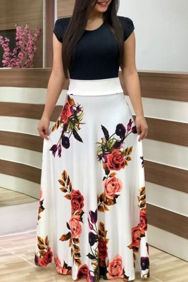 Kaynafashions - Casual Bohemian Print Solid Patchwork O Neck Short Sleeve Dress Dresses(12 Colors)