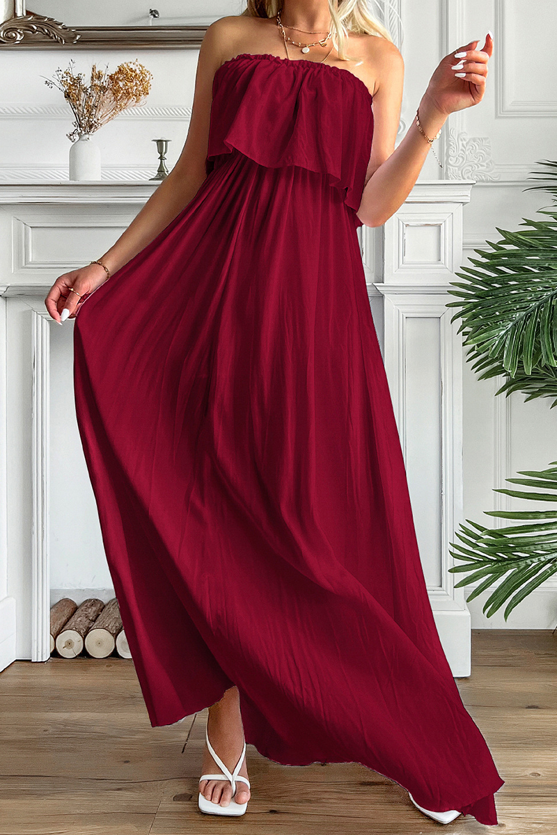 Kaynafashions - Casual Solid Flounce Strapless Cake Skirt Dresses