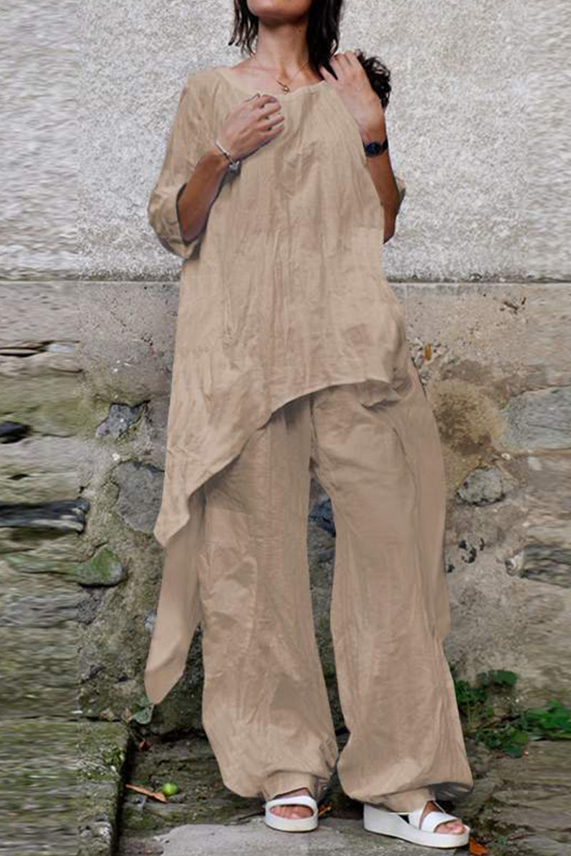 Kaynafashions - Casual Simplicity Solid Asymmetrical O Neck Three Quarter Two Pieces(4 Colors)