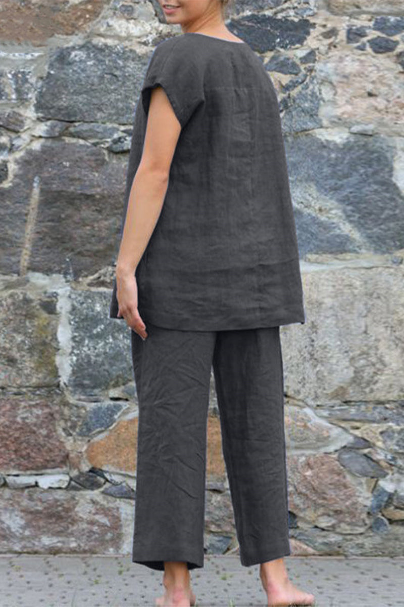 Kaynafashions - Casual Simplicity Solid Solid Color O Neck Short Sleeve Two Pieces