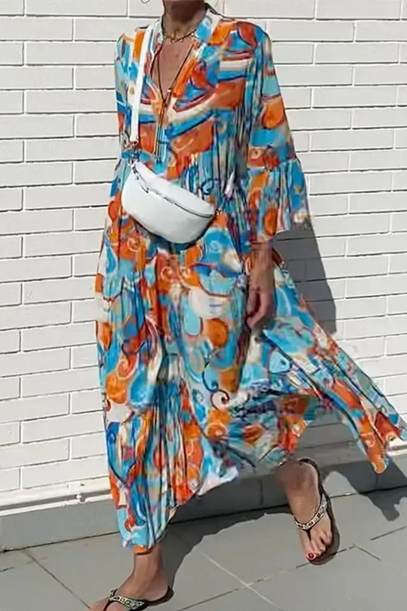 Kaynafashions - Casual Print Patchwork V Neck A Line Dresses