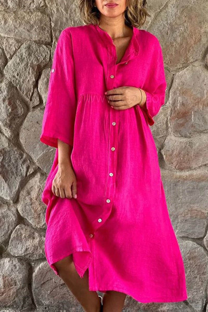 Kaynafashions - Casual Simplicity Solid Buttons Mandarin Collar Shirt Dress Dresses(5 Colors)