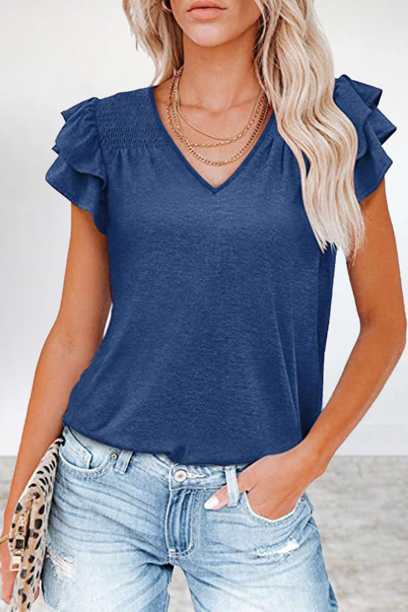Kaynafashions - Casual Simplicity Solid Flounce V Neck T-Shirts(5 Colors)
