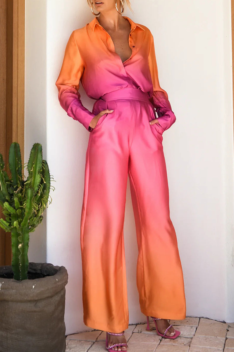 Kaynafashions - Casual Gradual Change Contrast Turndown Collar Long Sleeve Two Pieces(8 Colors)