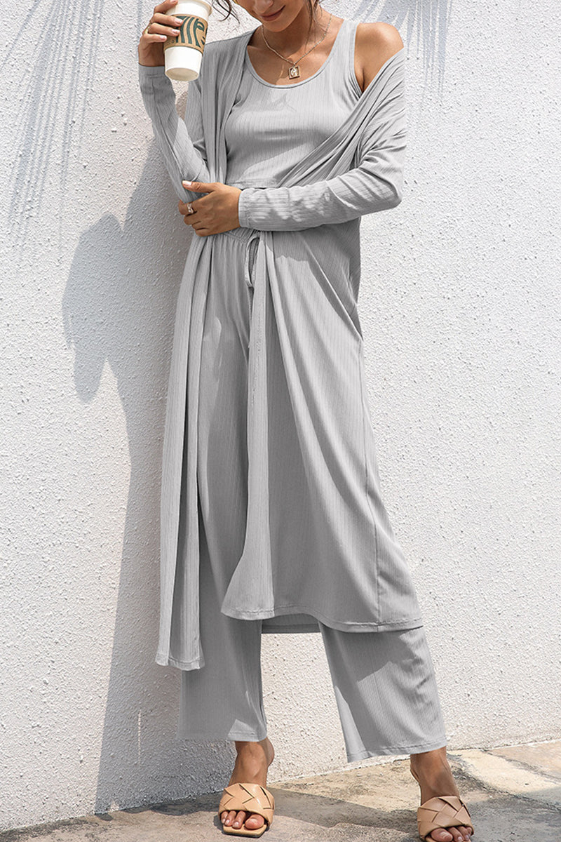 Kaynafashions - Casual Daily Solid Frenulum Cardigan Collar Long Sleeve Two Pieces