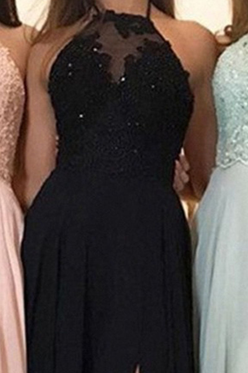 Kaynafashions - Elegant Solid Patchwork Slit Halter A Line Dresses