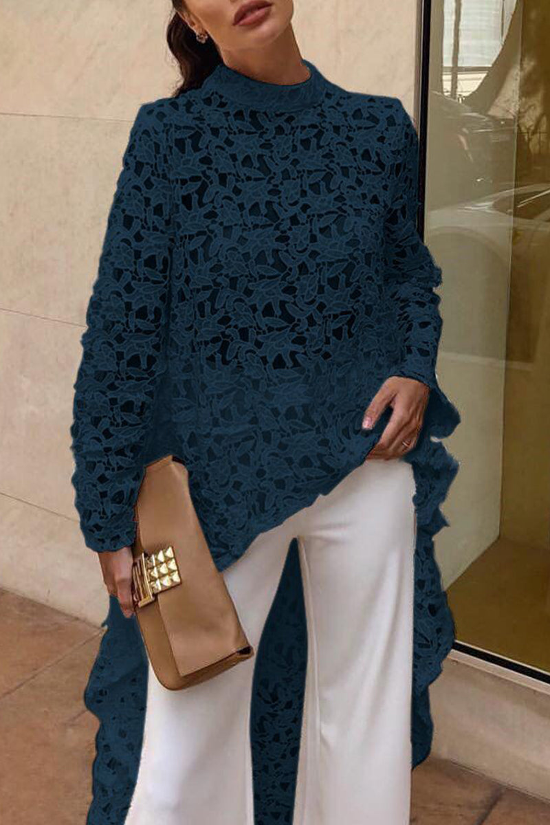 Kaynafashions - Sexy Solid Lace Hollowed Out Asymmetrical Half A Turtleneck Lace Dress Dresses