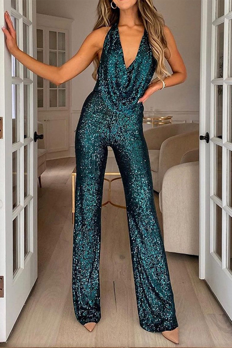 Kaynafashions - Daily Solid Sequins Halter Boot Cut Jumpsuits(5 Colors)